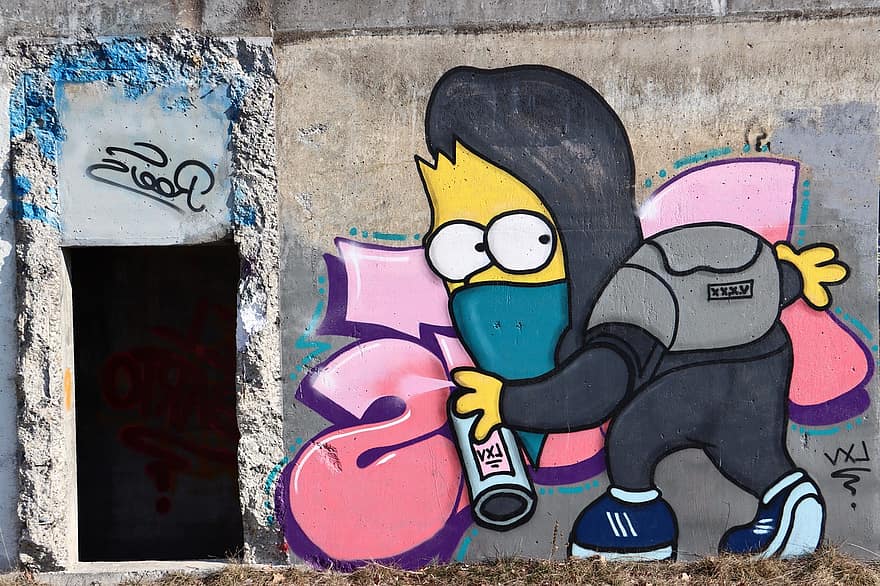 bombola spray, graffiti, parete, arte, arte di strada, Simpsons, cartone animato, figura, fuga, porta sul retro, alternativa