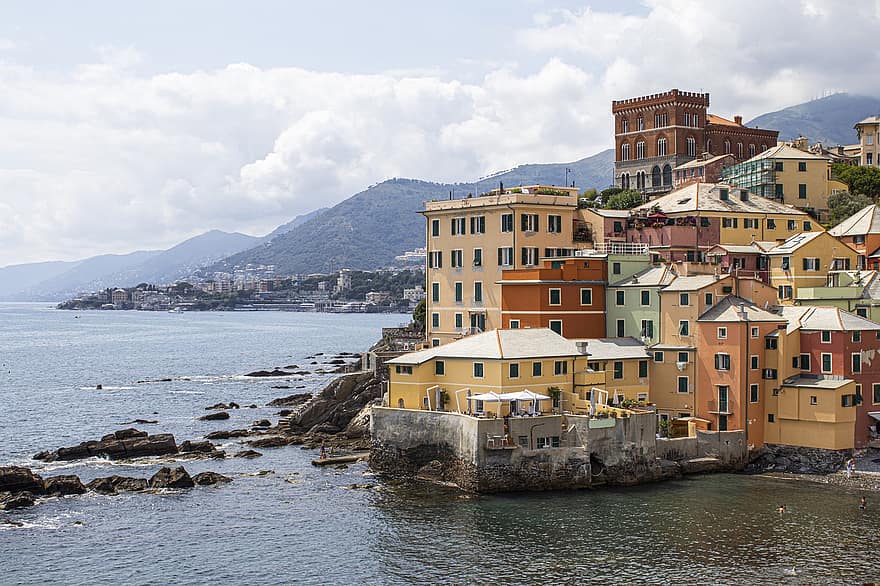 tenger, tengerpart, falu, épületek, óceán, Látvány, Földközi-tenger, Boccadasse strand, Genova