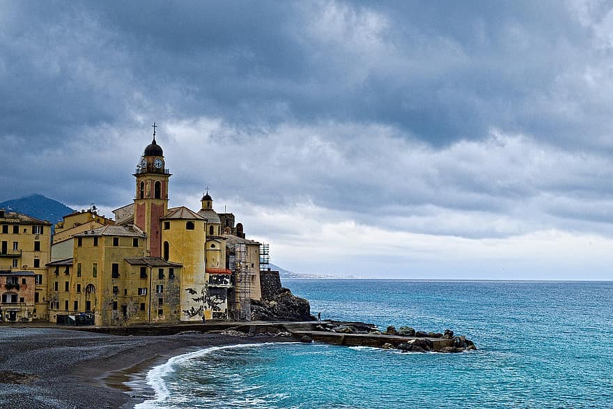 Camogli, Village, Sea, Coast, Recco, Liguria, Genoa, Italy, Buildings, Houses, Beach