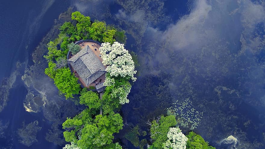 Building, Trees, Forest, Leaves, Foliage, Nature, Mountains, Aerial, View, Reservoir, Yuyangji