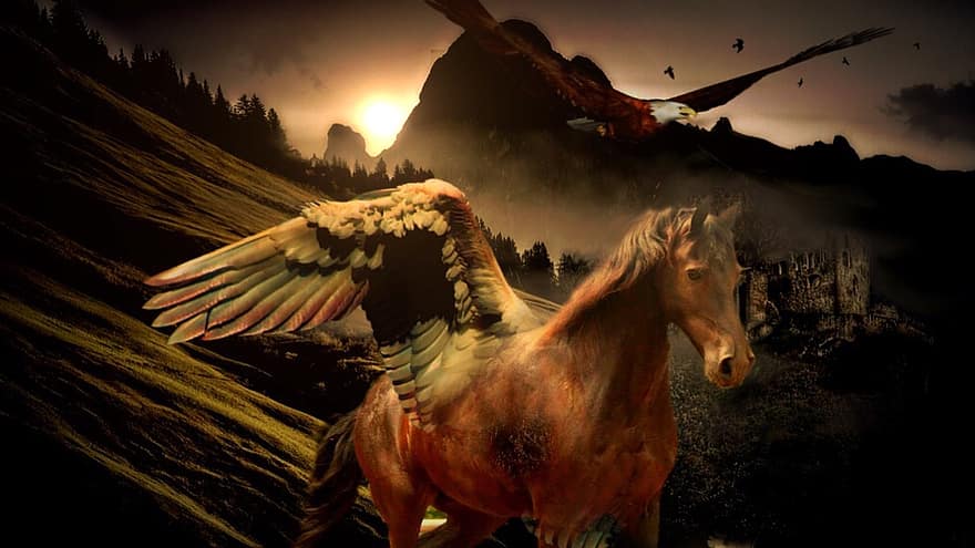 Pegasus, Horse, Wing, Fluegelross, Mood, Fairytale, Horn, Landscape, Adler, Sun, Mountains
