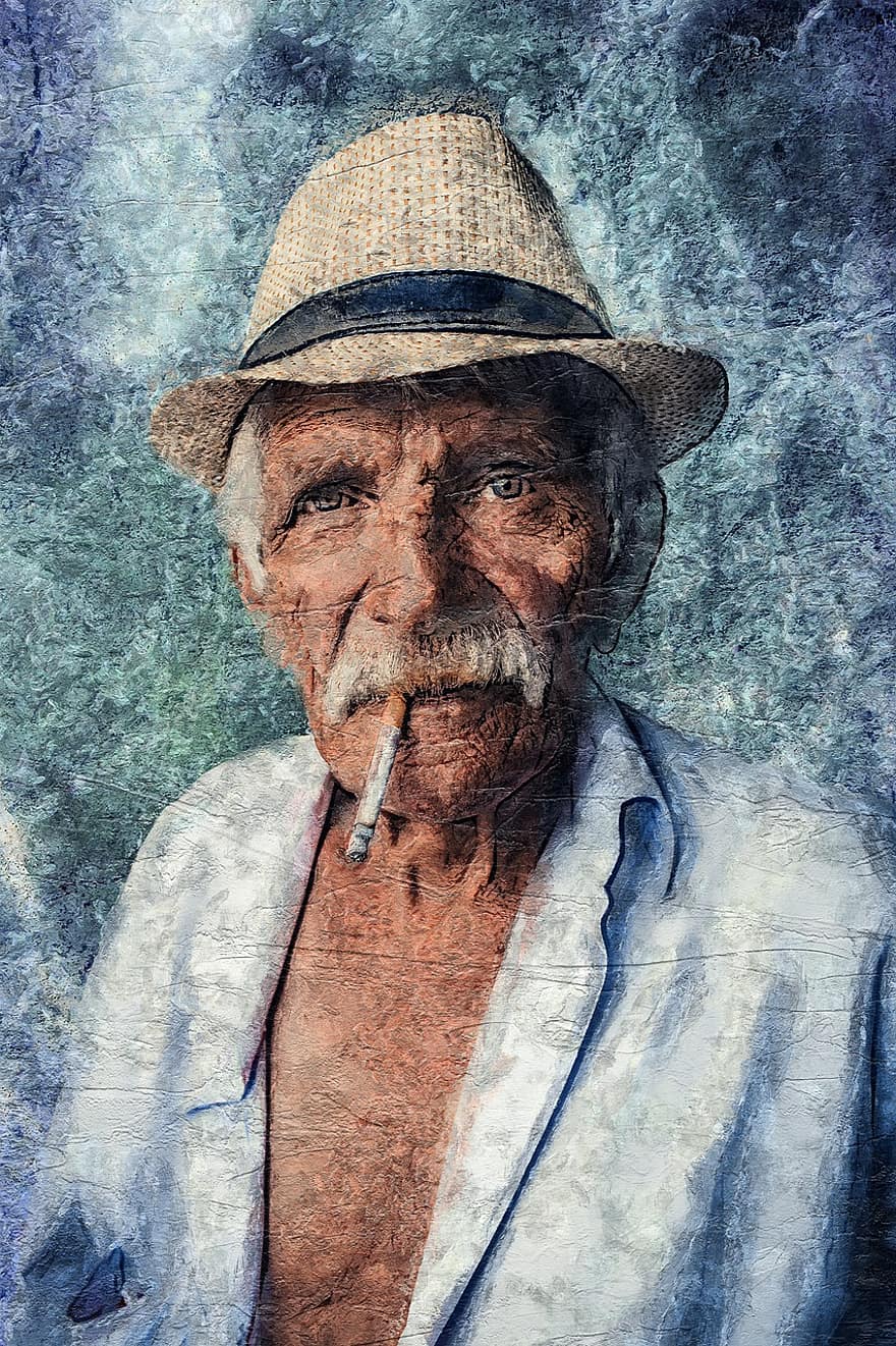 idős, Férfi, régi, portré, kalap, cigaretta, dohányzó