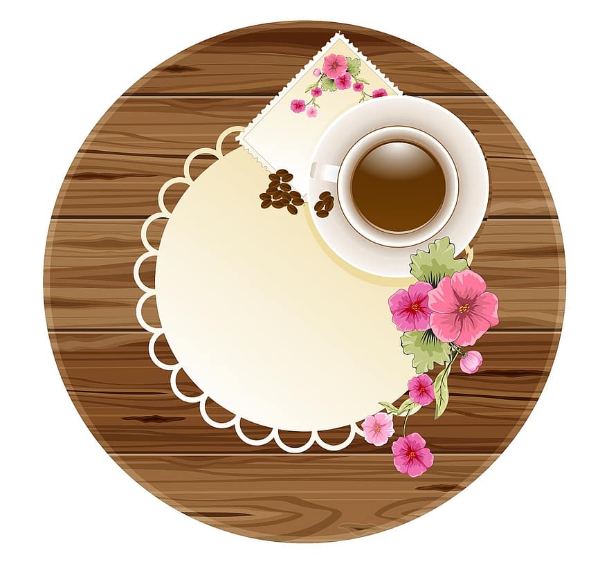 bord, rund, træ, kaffe, kop, blomst, te, mønster, klæde, kort