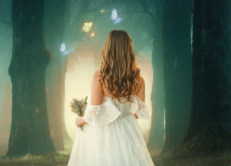 жена, цветя, пеперуди, дървета, обратно, Рус, дълга коса, Бяла рокля, гора, порта, магия