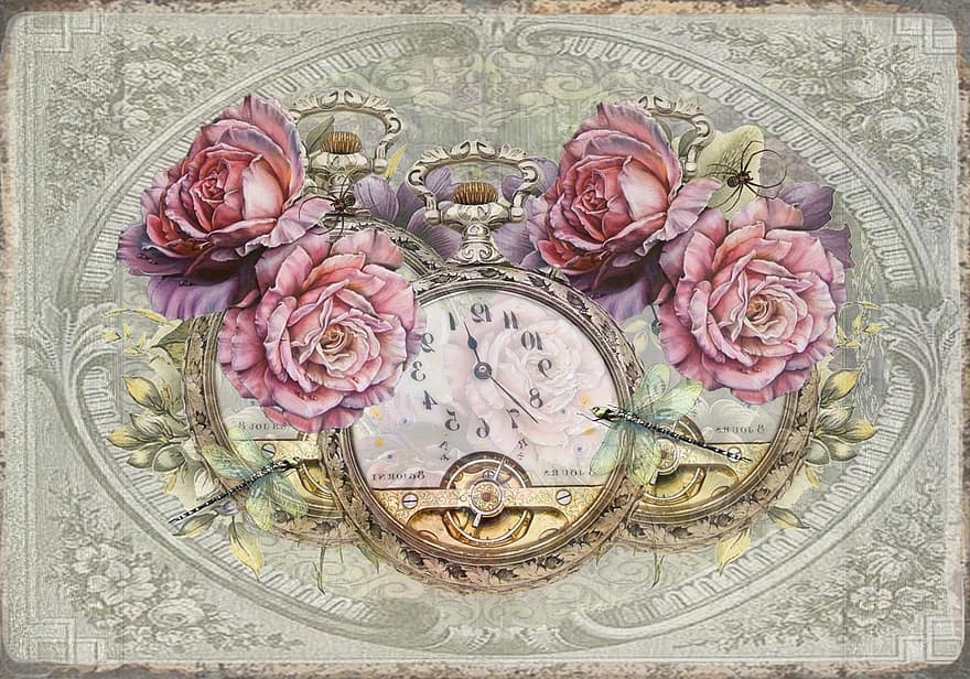 Vintage, Clock, Flowers, Drawing, time, antique, old-fashioned, old, decoration, illustration, history