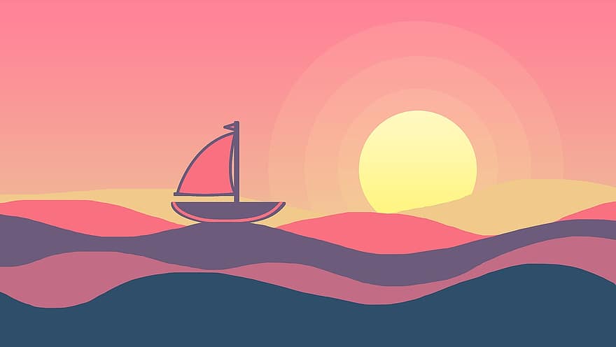 la nature, mer, bateau, le coucher du soleil