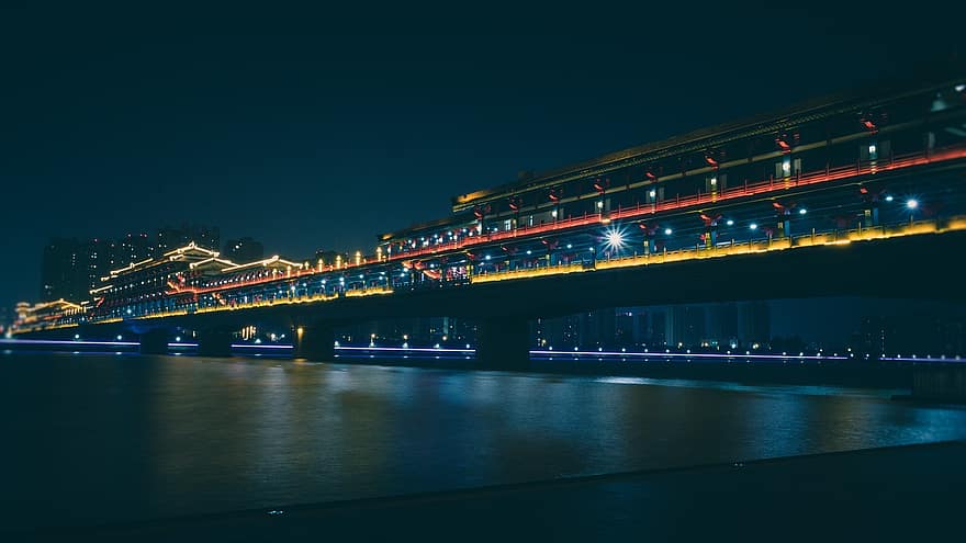 tiltas, upė, naktis, miestas, šviesos, istorinis, architektūra, miesto, vanduo, vakare, xian