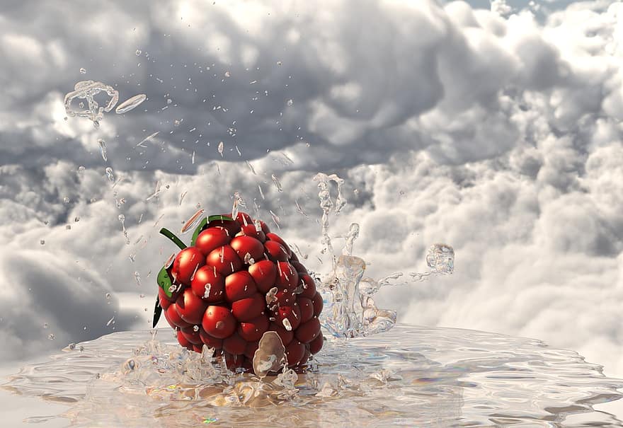 Raspberry, Fruit, Water, Inject, Nature, Berries, Red, Sky, Splash, Wet, Background