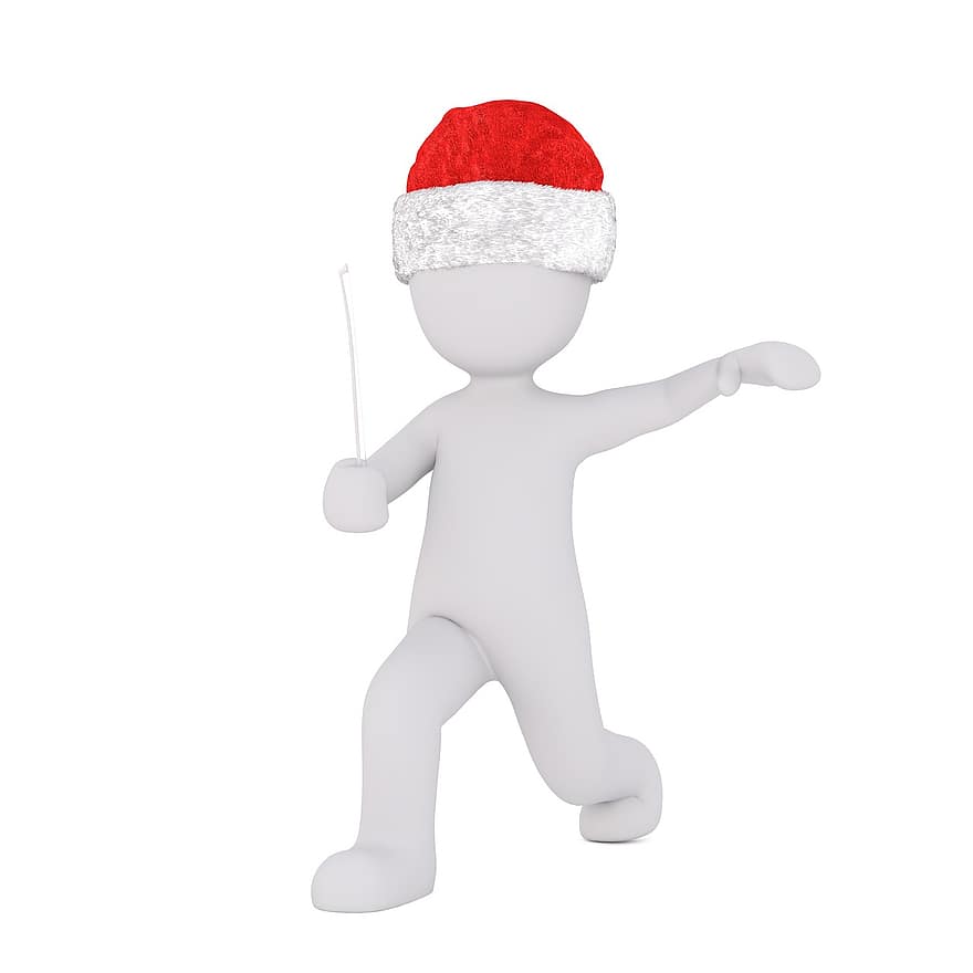 hvit mann, 3d modell, figur, hvit, jul, santa hat, Felestokk, instrument, fiolin, spille, julenissen