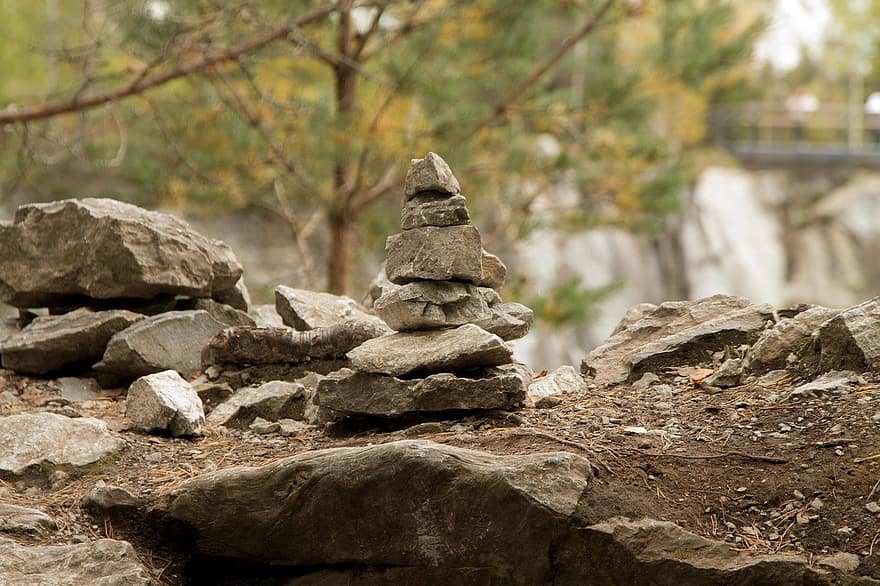 Cairn, roques, pila, rock, pedra, bosc, tardor, arbre, Munt, material de pedra, primer pla