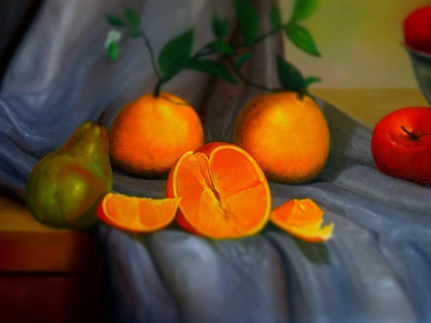 målning, realism, frukt, fortfarande liv