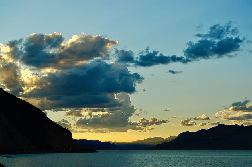 innsjø, fjellene, solnedgang, silhouette, skyer, himmel, skumring, kveld, natur, scenisk, colorado