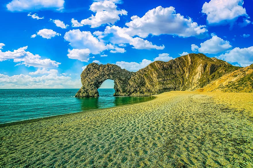 arco, de praia, oceano, rochas, costa, porta durdle, Dorset, Inglaterra, vista do mar, ponto de referência