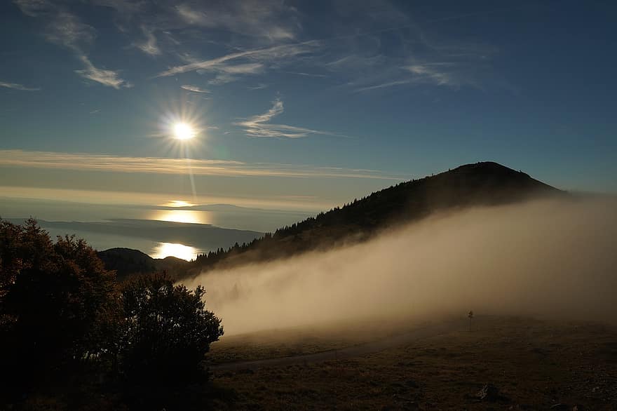 Velebit, Хорватия, туман, заход солнца, море, горы