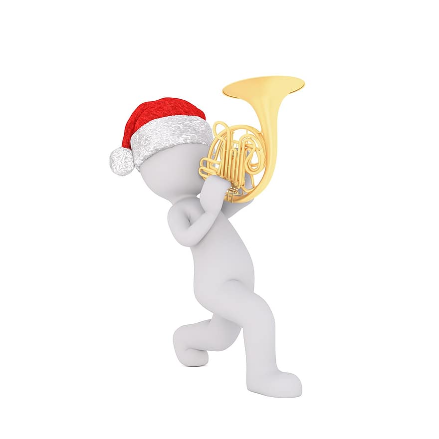 белый мужчина, 3d модель, фигура, белый, рождество, шляпа санты, труба, музыкальный инструмент, инструмент, духовой оркестр, музыкант