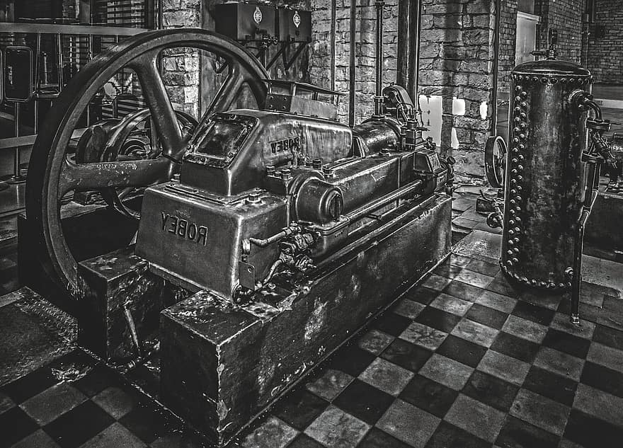 mesin, peralatan, industri, pabrik, direnovasi, vintage, hitam dan putih, tua, dalam ruangan, kuno, antik
