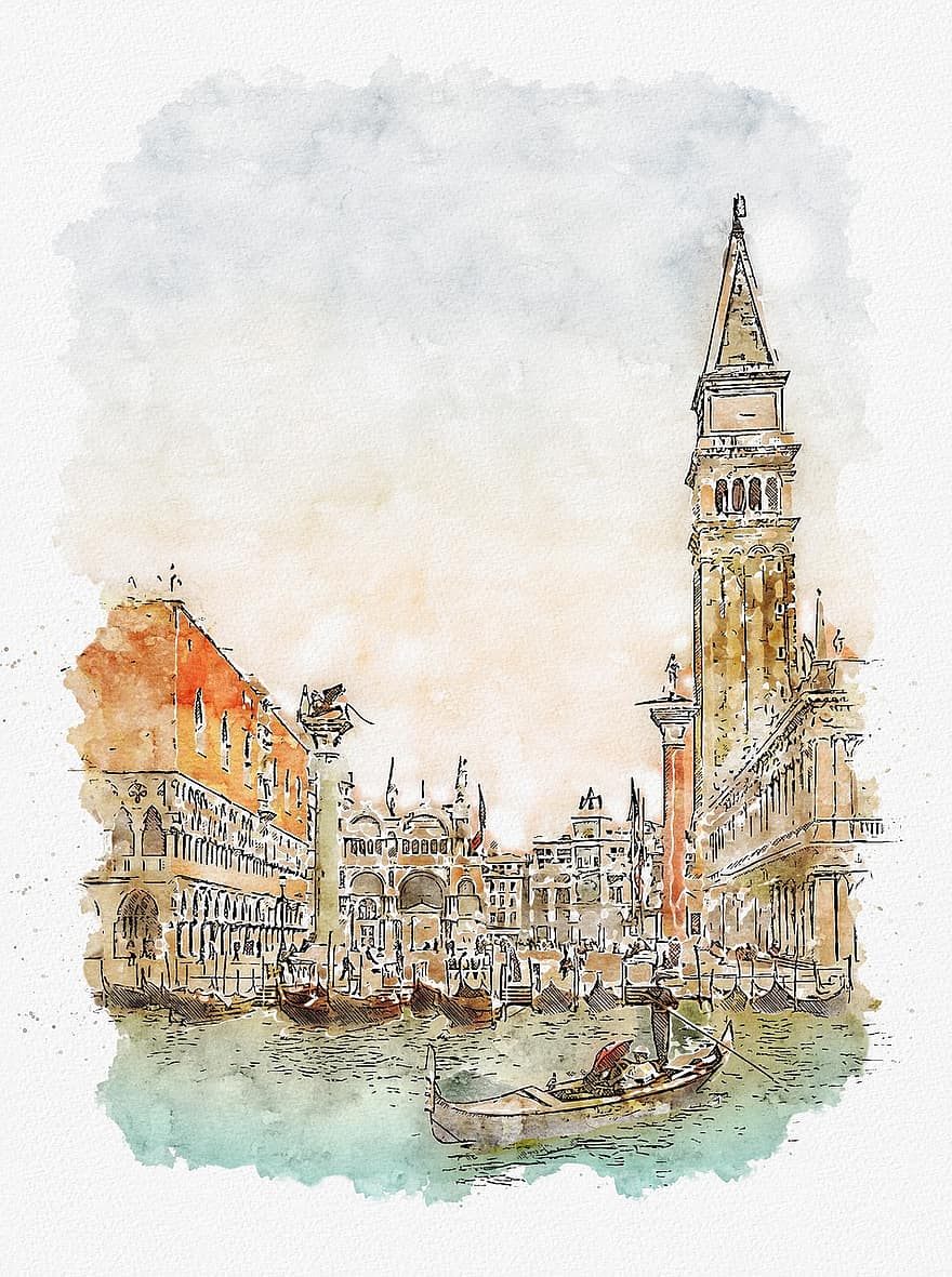 Veneza, Praça de São Marcos, Quarell, Itália, palácio do doge, historicamente, venezia, gôndola