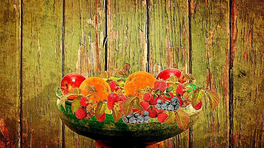 과일, 과일 그릇, 정물, 장식, 색깔, 병든, 그런지, 디자인 맥주 과일, 나무 벽, 나무 판자, 배경