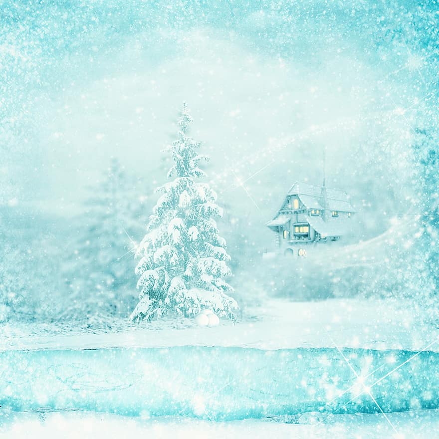 фон, сніг, озеро, будинок, Різдвяний мотив, зимовий час, блиск, ялини, зима, фантастична картинка, настрій