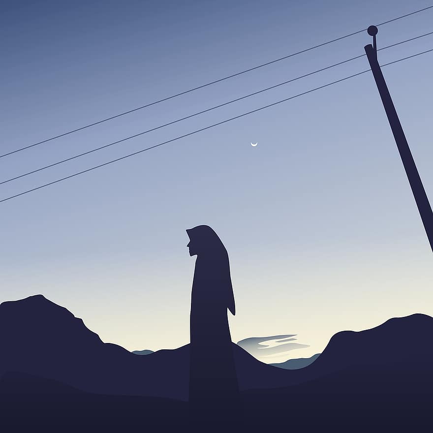 mujer, al final de la tarde, colina, niña, paisaje, silueta, hombres, montaña, retroiluminado, puesta de sol, ilustración