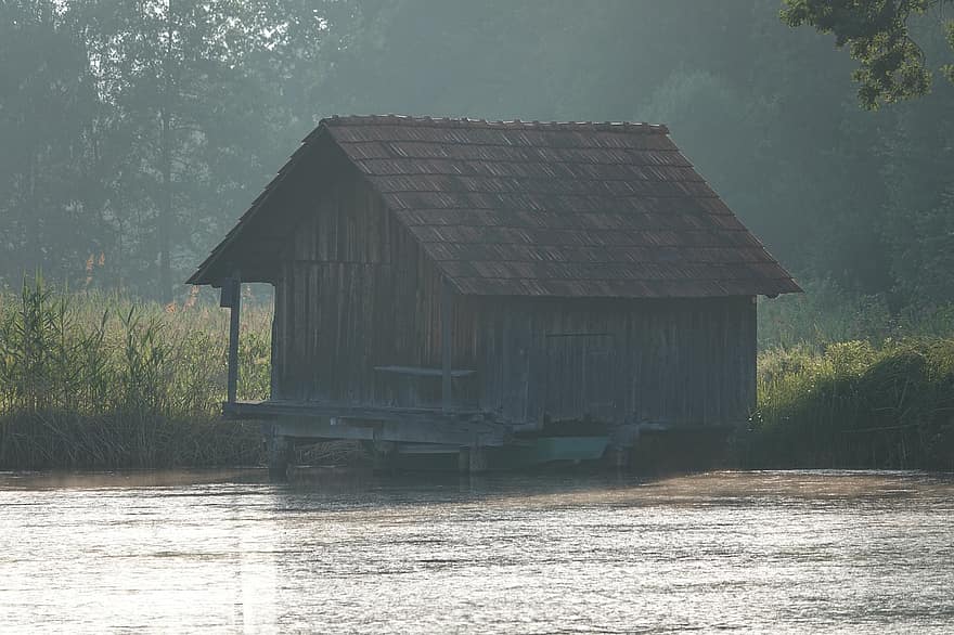 cabana do pescador, cabana, lago, místico, névoa, velho, madeira, agua, cena rural, panorama, floresta