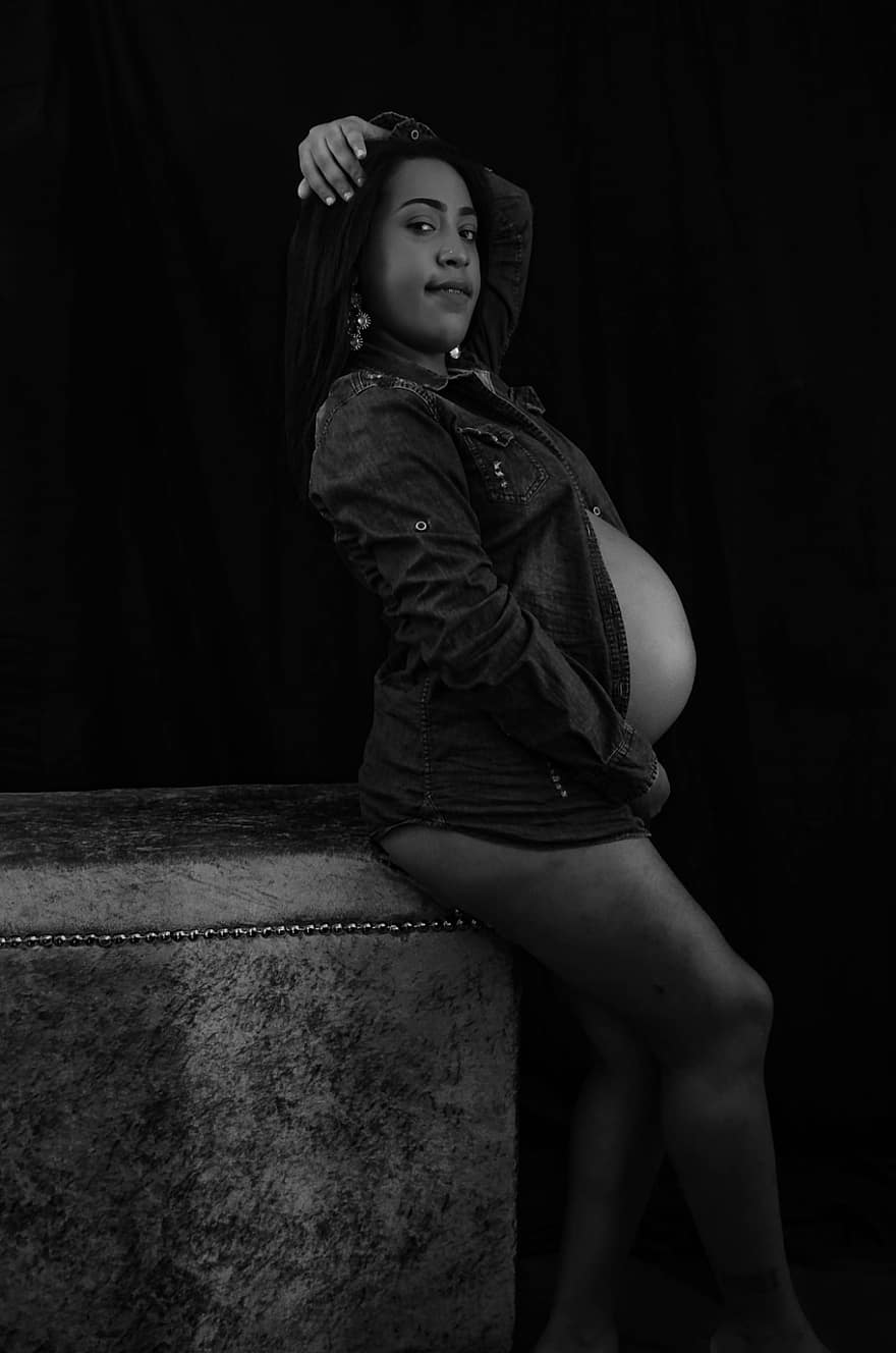 terhes, fekete-fehér, nő, modell, kislány, portré