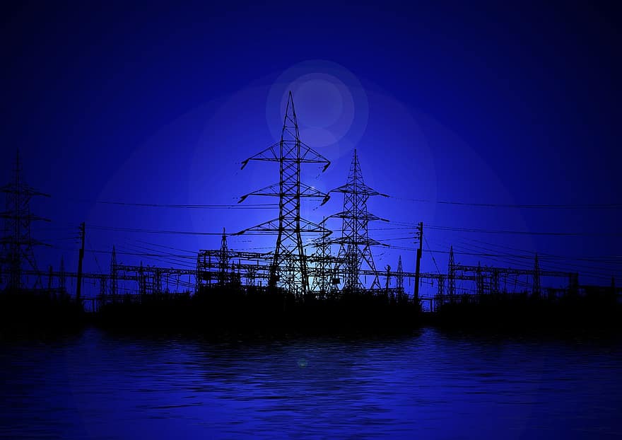 stâlpi de putere, electricitate, centrala electrică, substație, actual, Voltaj, siluetă, energie, albastru, cer, modern