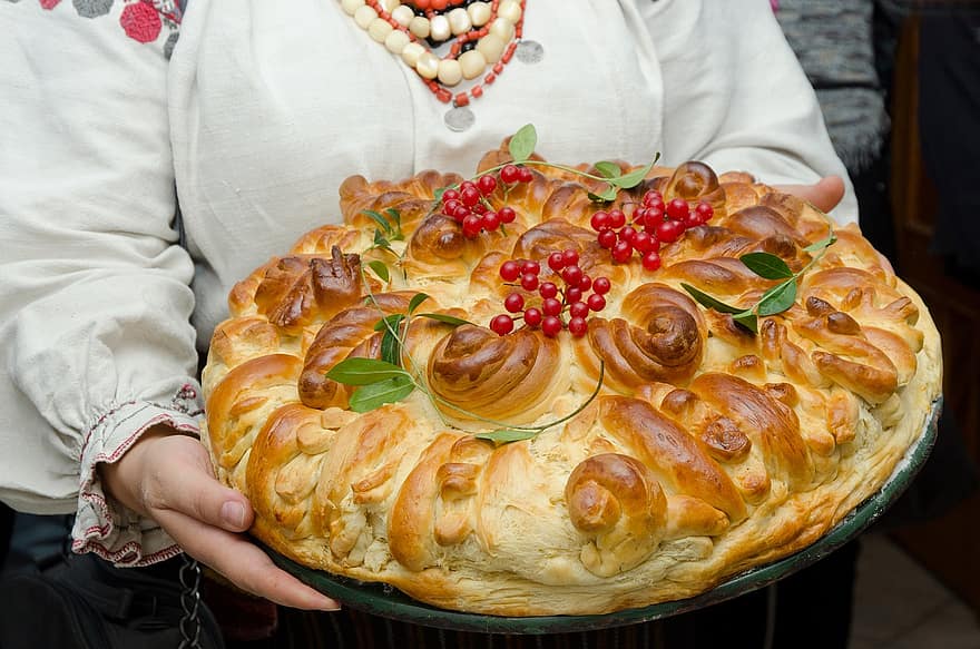 bröd, viburnum, ljuv, efterrätt, behandla, flätad, bär, traditionell, festlig, ukrainare, kvinna