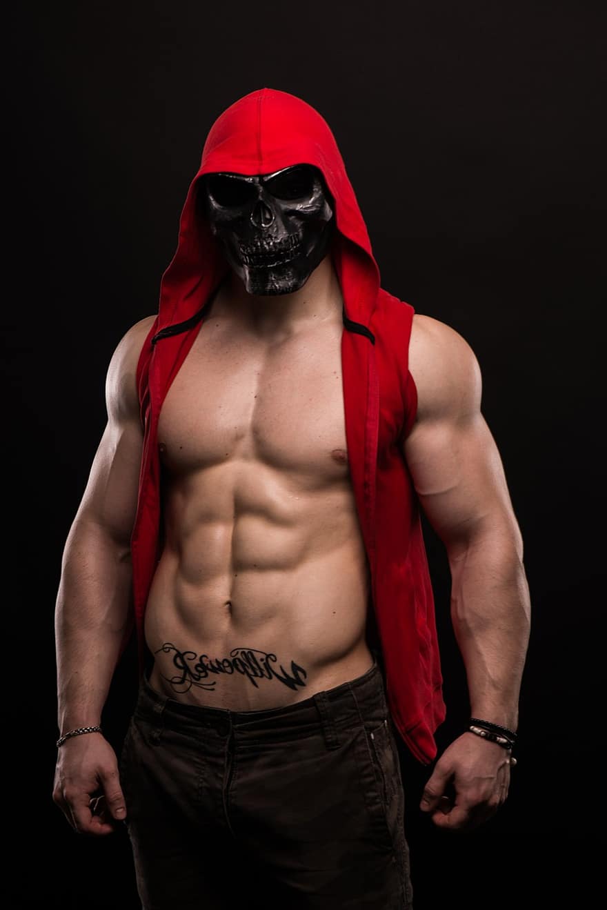 máscara de caveira, homem musculoso, fisiculturismo