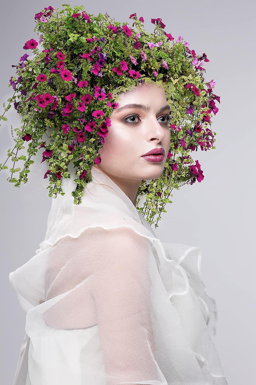 moteris, grožis, gėlės, žiedas, augalų, sodas, pobūdį, mada, balta suknelė, gražus, veidas