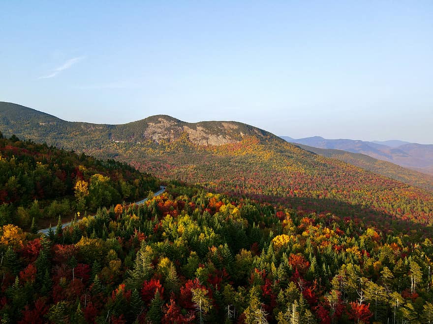秋、山、森林、空、青、色、葉、10月、風光明媚な、風景、谷