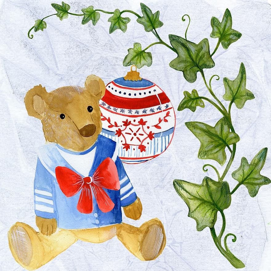 рождество, Рождественская открытка, поздравительная открытка, плюшевый медведь, плюшевая игрушка, Рисование