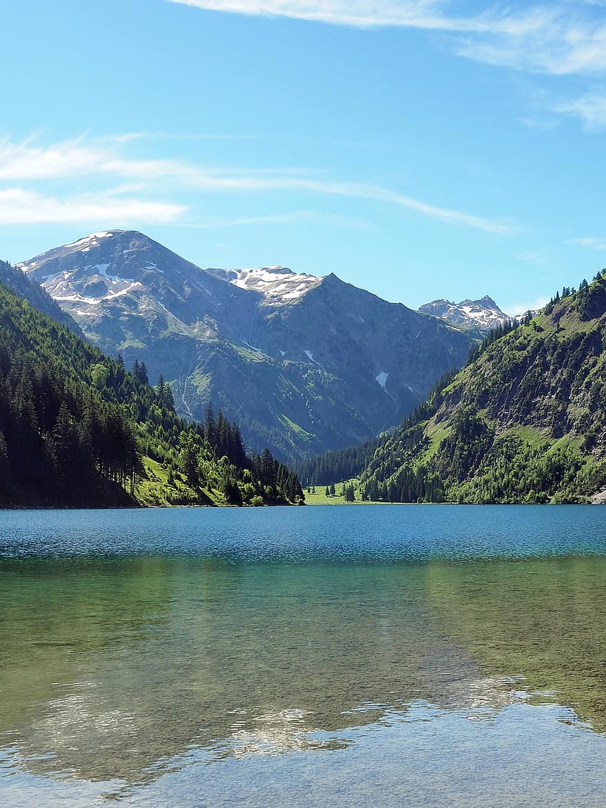 Vilsalpsee, montagne, Austria, natura, tirolo, Valle Tannheimer, montagna, estate, blu, colore verde, paesaggio
