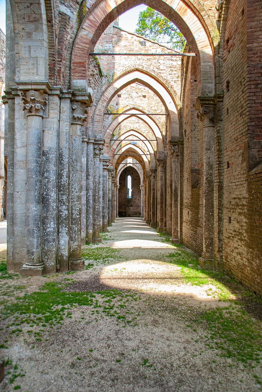 ruïnes, arcada, carreró, abadia, medieval, Toscana, històric, Itàlia, visites turístiques, edifici, vell