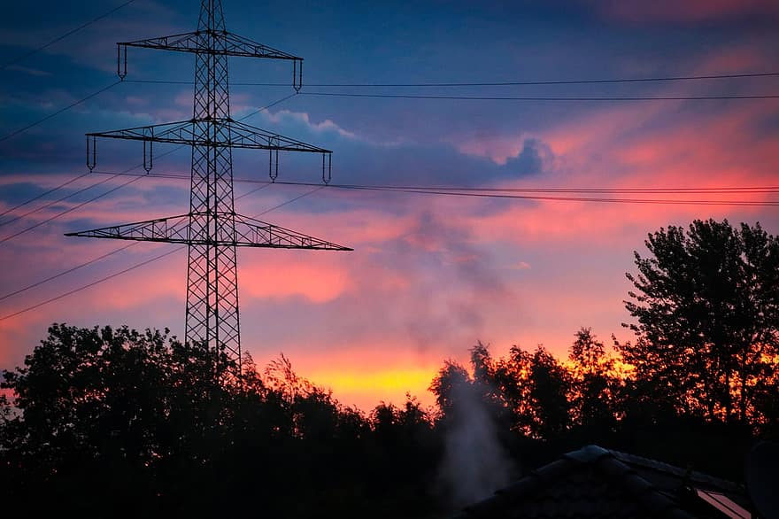 Sunset, Stommast, Transmission Tower, Energy, Sky, Clouds, Power Lines, Power Supply, High Voltage, Current, Voltage