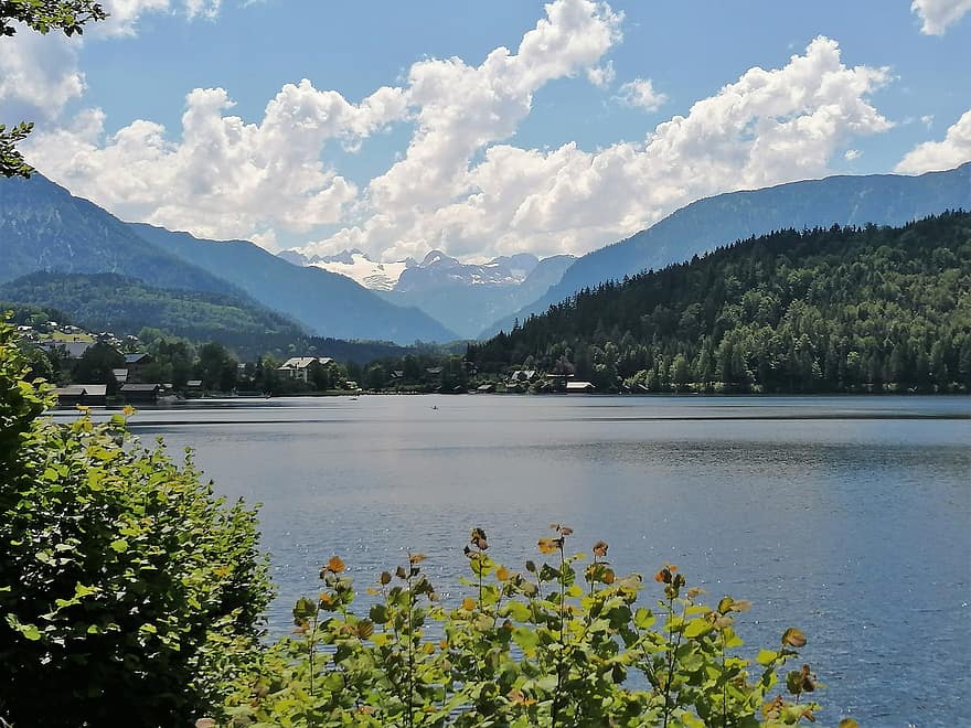 湖、山岳、木、タウン、パノラマ、水、風景、風光明媚な、自然、ハルシュタット、Hallstätter