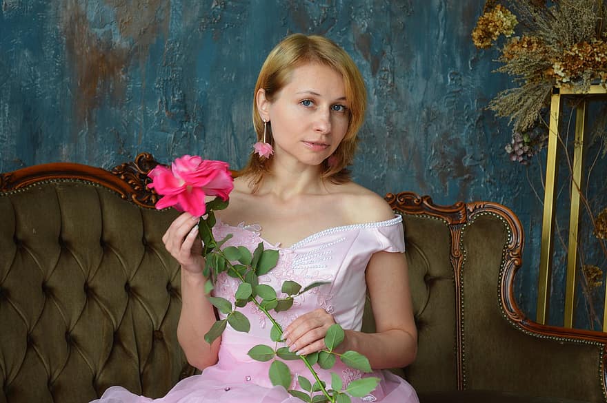 портрет, жінка, бальне плаття, троянда, моди, рожева сукня, гарний, елегантність, сукня, рожева троянда, декольте
