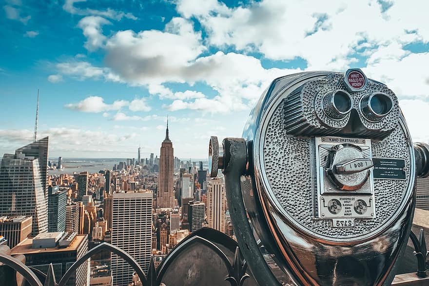 binocular, cidade de Nova York, cidade, skyline, paisagem urbana, área de observação, Visão, telescópio, arranha-céus, prédios, edifício Empire State