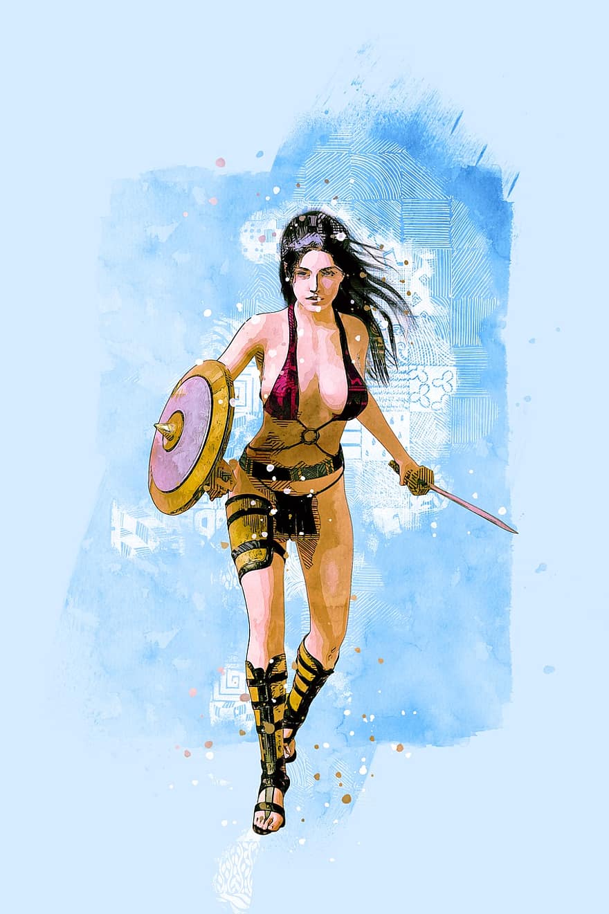 femmina, guerriero, ritratto, personaggio, ragazza, donna, giovane donna, signora, fantasia, spada, scudo