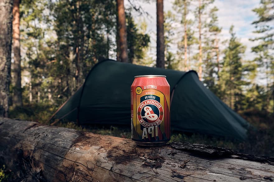 øl, kan, lejr, øl kan, log, blikdåse, vandring, Camping, telt, udendørs, natur
