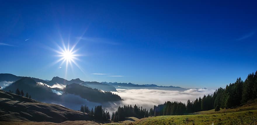 niebla, Alpes, montañas, paisaje de montaña, Suiza