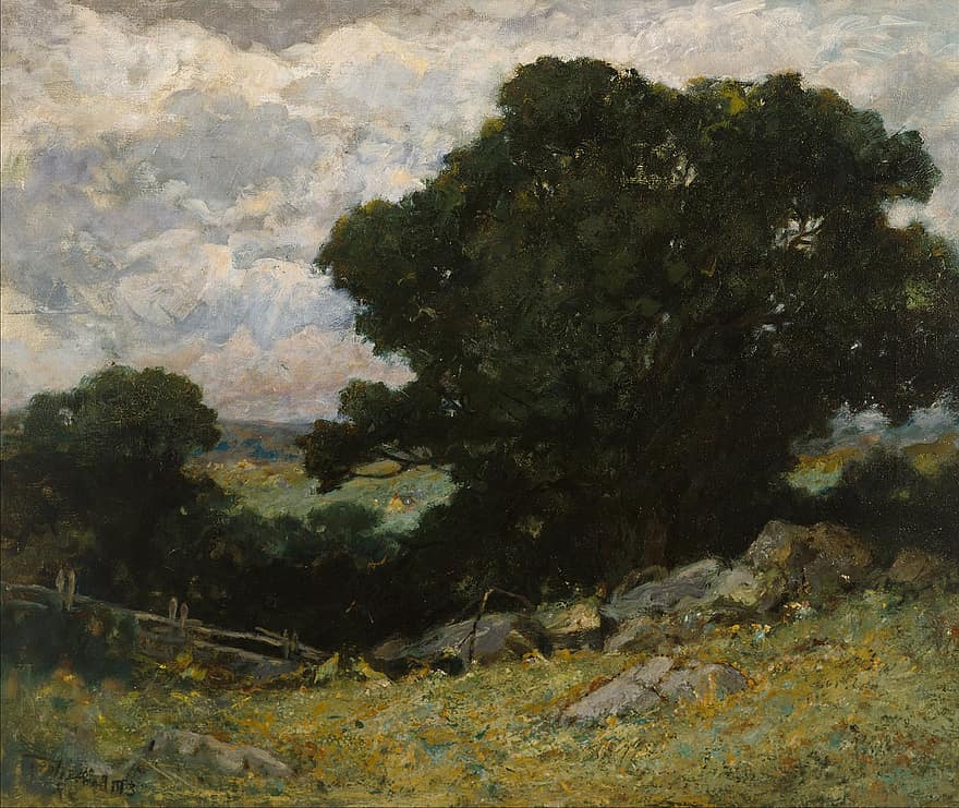Edward Bannister, konst, konstnärlig, artisteri, målning, olja på duk, landskap, natur, utanför, himmel, moln