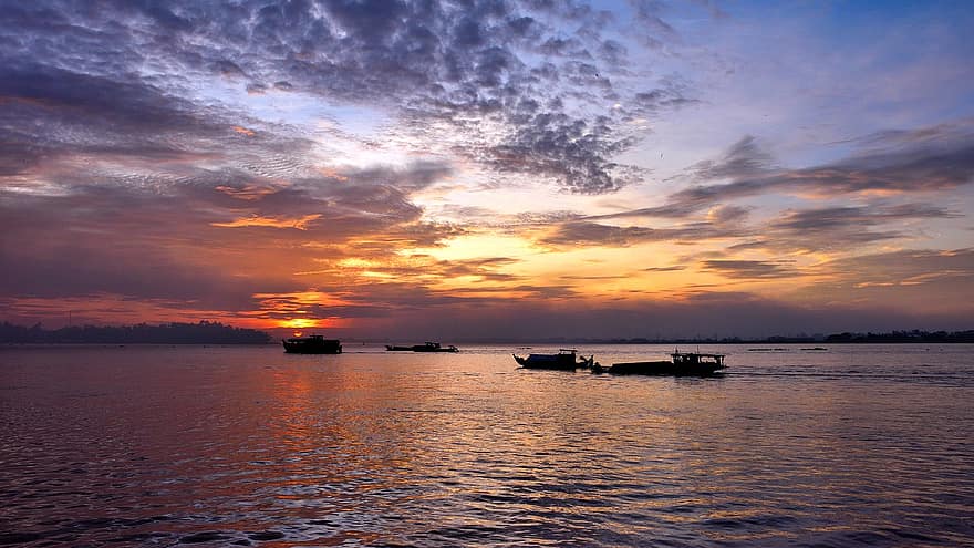 Dawn, River, Fishing Boats, Early Morning, Nature, sunset, dusk, nautical vessel, water, sunrise, sun