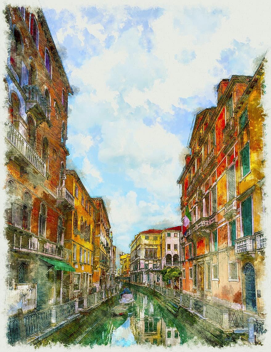 arquitectura, edificis, canal, aigua, paisatge, vell, Venècia, Itàlia, mediterrani, turisme, viatjar