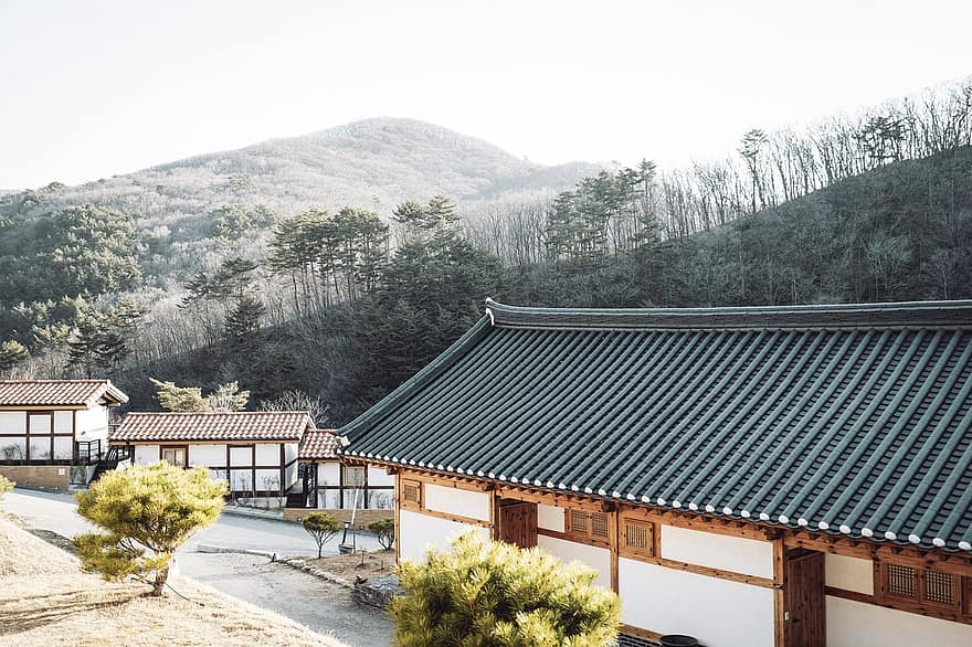 huis, berg-, traditie, Korea, landschap, reizen, natuur, dak, architectuur, culturen, boom