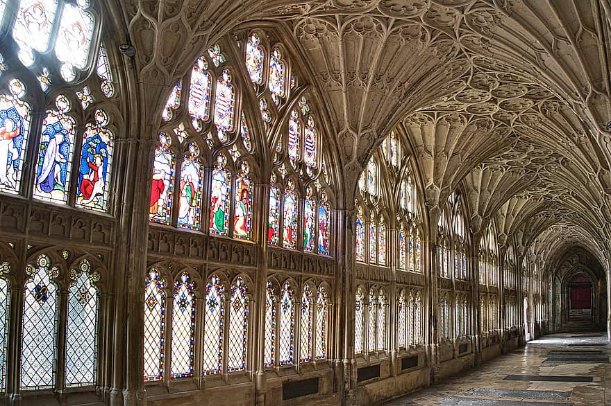 vitraux, Gloucester, cathédrale, architecture, orné