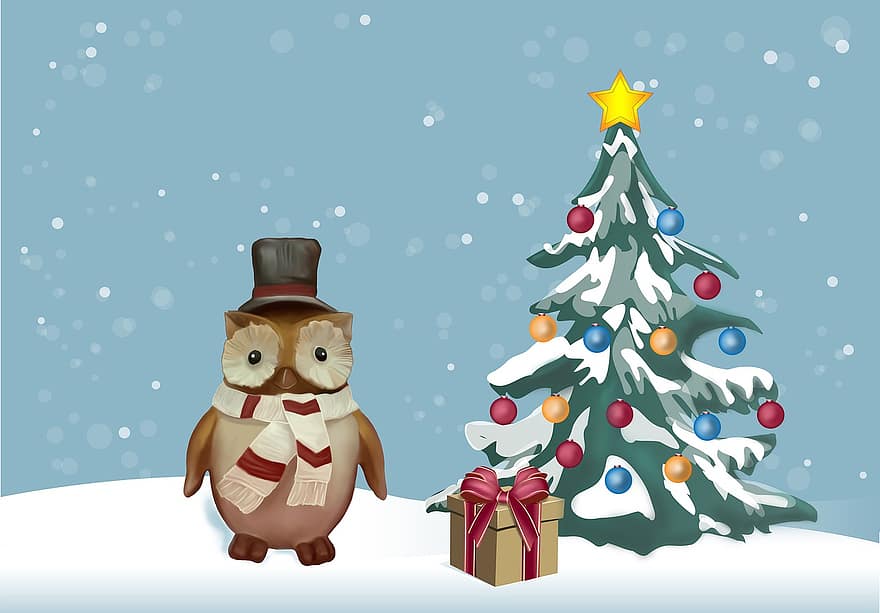 Χριστούγεννα, εορτασμός, Δεκέμβριος, χαρούμενος, καλά Χριστούγεννα, κουκουβάγια, χριστουγεννιάτικο δέντρο, χιόνι, δώρο, τέχνη, ντεκόρ