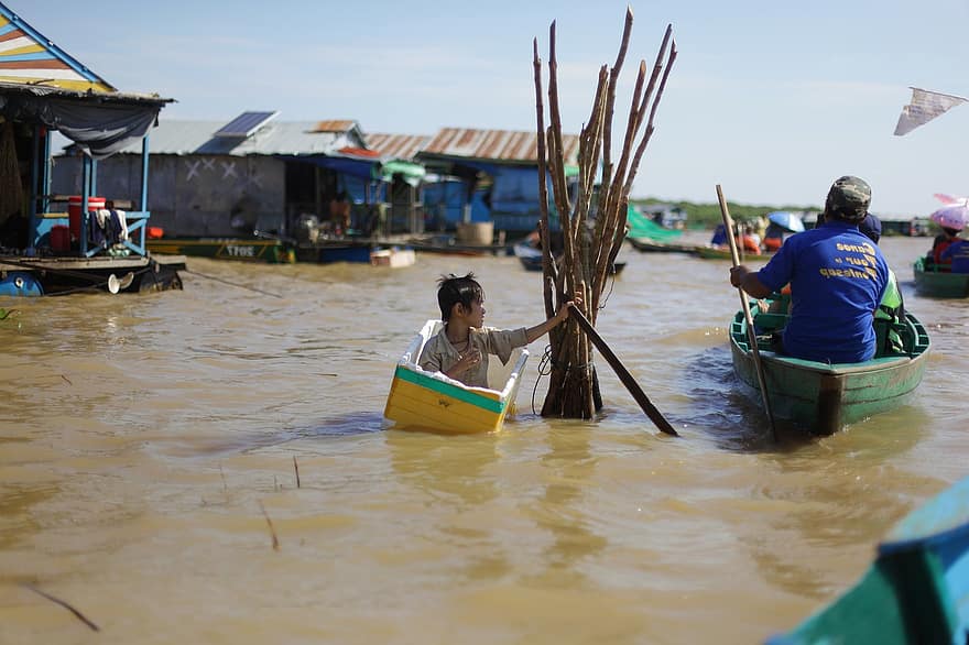 Kamboja, Danau Toko Tonle, kapal laut, laki-laki, budaya, air, nelayan, penangkapan ikan, mendayung, dewasa, budaya asli