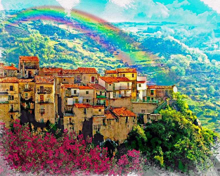 landsby, regnbue, fjellene, skog, vannfarge, maleri, Italia, Calabria, Verbicaro, landskap, reise