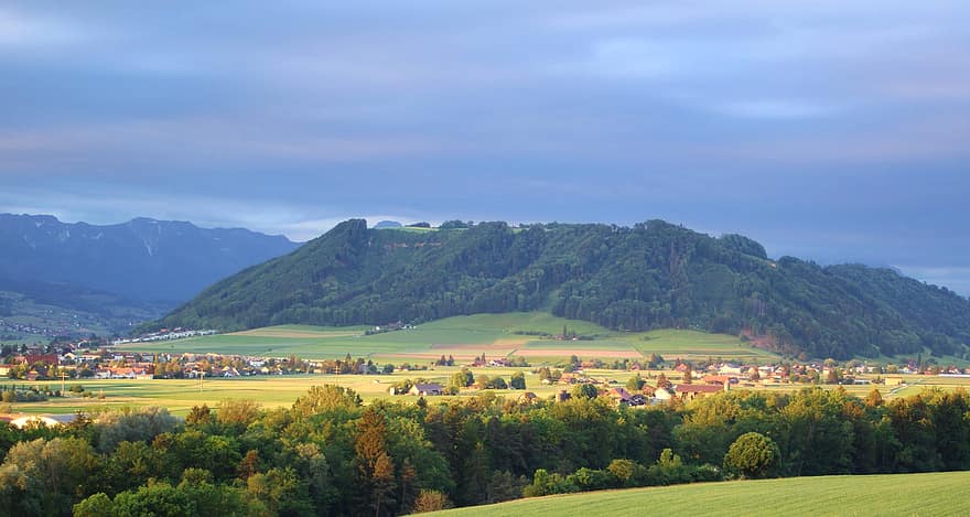 山、村、スイス、パノラマ、ベルプ、風景、木、草原、自然